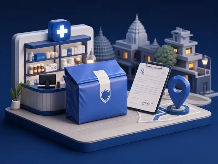 Medicine parcel and prescription near a local pharmacy