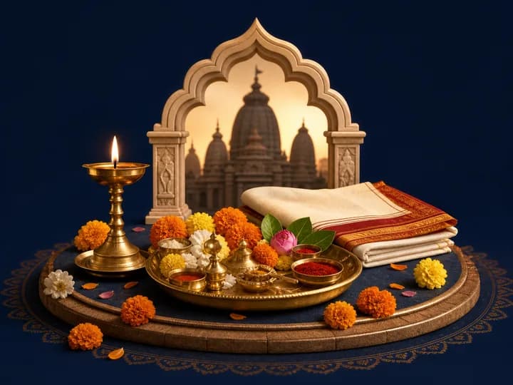 Puja thali, diya, flowers and ceremonial cloth