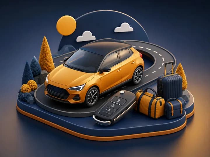 Self-drive car, key and travel luggage